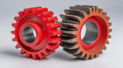 Gears interlocking, minimal palette, worn productivity-themed text behind