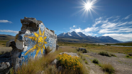 Mountain landscape with stylized sun, stencil art, half-erased environmental messages