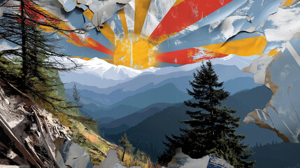 Mountain landscape with stylized sun, stencil art, half-erased environmental messages