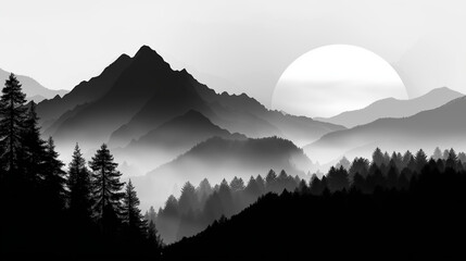 Mountain landscape with stylized sun, stencil art, half-erased environmental messages