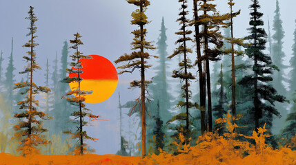 Mountain landscape with stylized sun, stencil art, half-erased environmental messages