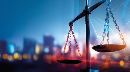 Scales of justice with geometric shapes, strong stencil outlines, faded legal terms in background