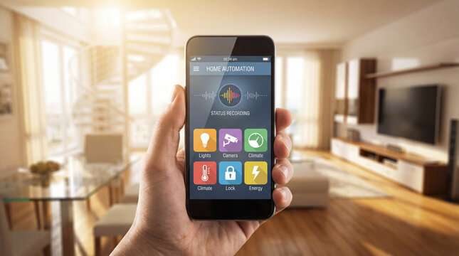Close up of hand holding smartphone with smart home control app interface, modern living room background, IoT technology automation concept. - Powered by Adobe