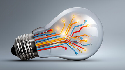 Light bulb with branching circuits, vector stencil design, peeled innovation-text background