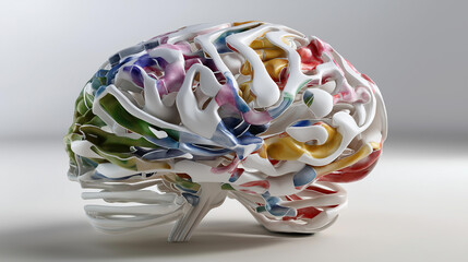 Brain icon drawn in segmented stencil shapes, faded creativity keywords behind