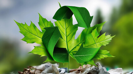 Leaf merging with a recycling symbol, stencil vector, faded eco-slogans behind