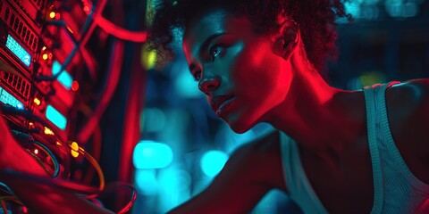 Technician works on computer server during night in control room with colorful lights