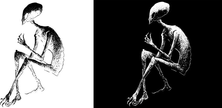 alien Vintage Contemplative Human Figure Engraving, Inverted Black White Xerography Vector for Laser Engraving on Dark Background