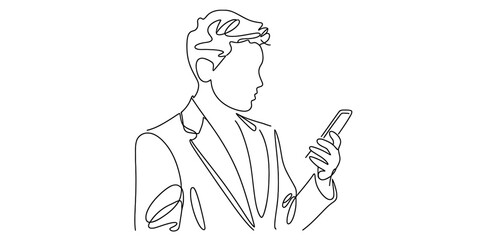 Continuous line art illustration showing a stylish man in a suit checking his smartphone Vector, illustration