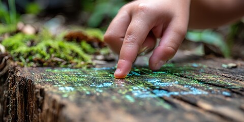 Child touches green and blue patterns on a wooden log in a forest during daytime play
