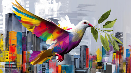 Symbolic dove carrying an olive branch, vector stencil, graphic color blocks, half-erased peace slogans in background, urban poster texture