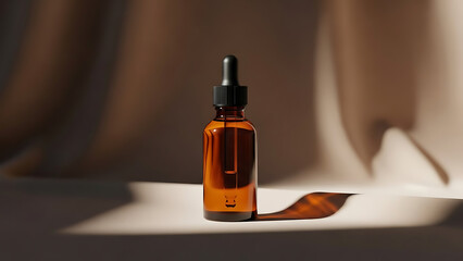 "luxury essential oil bottle mockup, amber glass with dropper, placed on a soft cloth background with minimal lighting to create a serene, calming effect--v 6.1 --ar 16:9 --q 2"