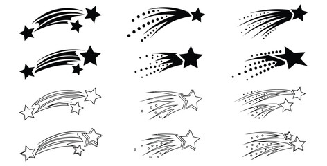 Collection of twelve stylized shooting star and comet vector graphics in solid black and outline formats © Mst Zakia