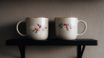 Fototapeta premium Two festive holiday mugs with red berries and green branches on a dark shelf against a textured wall