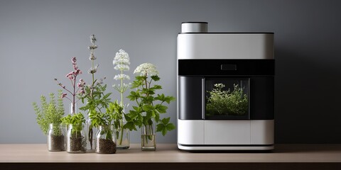 Chef prepares herbs in home kitchen using modern appliance for cooking and flavoring