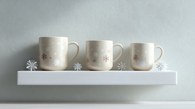 Three festive snowflake mugs displayed on a white shelf against a textured gray wall - Powered by Adobe