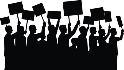 Protest crowd silhouette holding signs, group of demonstrators raising placards, activism and demonstration illustration, isolated vector figures for social movement and public awareness themes