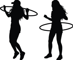 Woman hula hoop silhouette set, female fitness activity poses, exercising with hoop, isolated vector illustration for sport, workout, recreation, lifestyle and health design © Wajkuruni