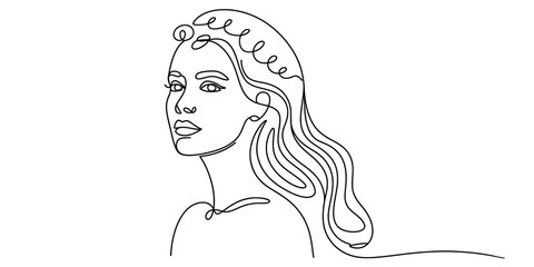 Continuous line art drawing of a beautiful woman's face and wavy hair Vector, illustration