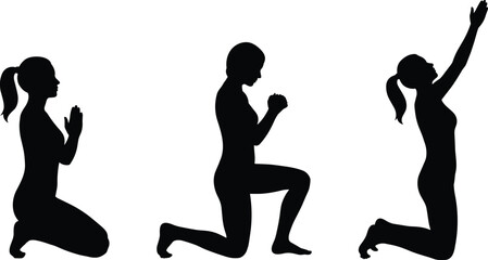 Woman praying silhouette set, kneeling and worship poses with hands raised, spiritual meditation illustration, isolated vector figures for faith and devotion themes