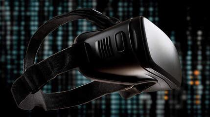 Virtual reality headset silhouette, strong contours, distressed digital-code background
