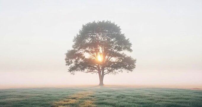 Solitary tree silhouette in a field shrouded in fog