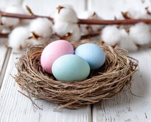 Obraz premium Pastel-colored Easter eggs nestled in a rustic bird's nest with cotton branch background