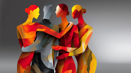 Group of simplified silhouettes embracing, strong cutout shapes, worn compassion-themed text behind