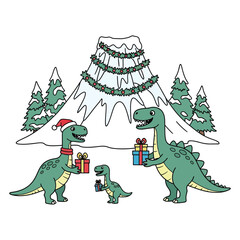Cartoon dinosaur family exchanging gifts in snowy landscape with decorated volcano background © Ashikur