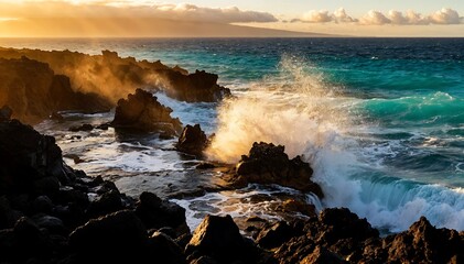 Fototapeta premium Spectacular Ocean Waves Crashing Against Volcanic Rocks at Golden Hour