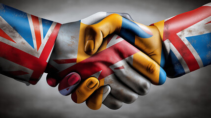 Handshake made of angular geometric shapes, stencil lines, faded diplomacy phrases behind