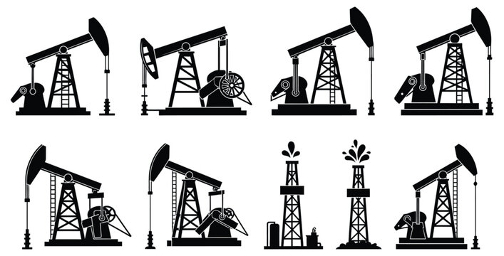 Collection of black silhouette icons representing various oil drilling pump jacks and extraction equipment