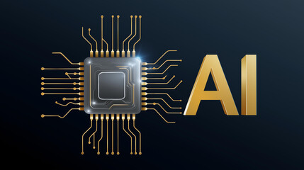 AI chip icon with bold outlines, minimal palette, faded tech lettering behind