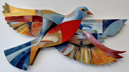 Abstract dove made of curved shapes, stencil art, fragmented peace-themed typography