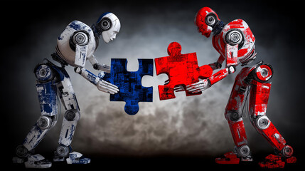 Two humanoid outlines exchanging puzzle pieces, stencil vector, distressed cooperation text background