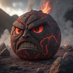 Scary carved wooden totem poles on fire and on a beach
