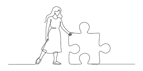 Continuous line art of a woman standing by a large puzzle piece, representing solution and connection Vector, illustration