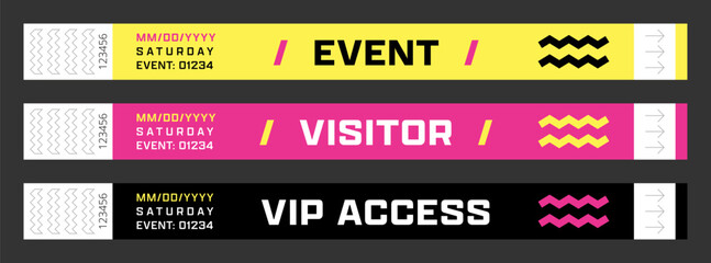Wristbands for access control. Vector template for events, parties, fan zones, staff, VIP areas, and more.	
