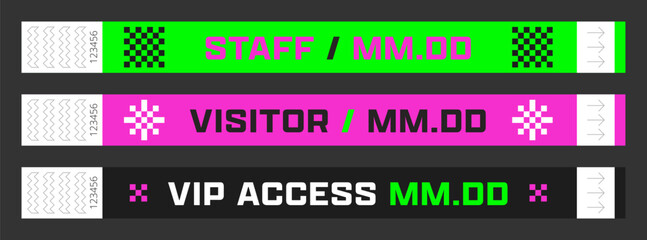 Wristbands for access control. Vector template for events, parties, fan zones, staff, VIP areas, and more.	