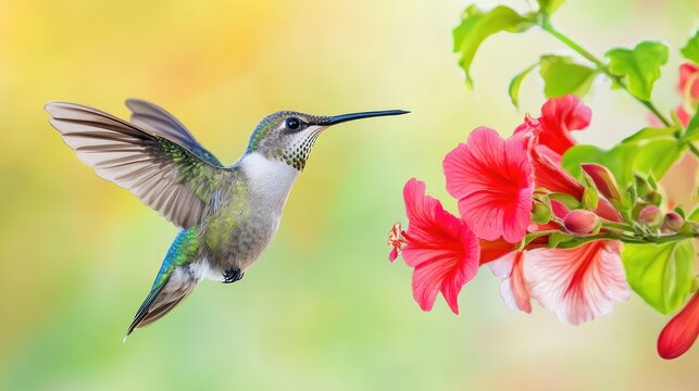 A close-up of an Anna hummingbird in flight near a red Mandevilla flower, showcasing grace and vibrant detail