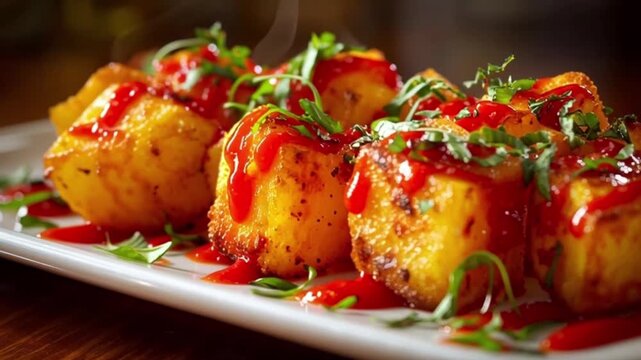 Traditional Spanish Patatas Bravas featuring golden roasted potato cubes drizzled with spicy red brava sauce and finished with fresh herb garnish