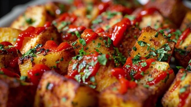 Traditional Spanish Patatas Bravas featuring golden roasted potato cubes drizzled with spicy red brava sauce and finished with fresh herb garnish