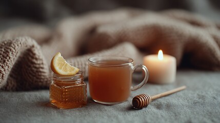 Warm herbal drink with honey and lemon slice on a cozy surface with a lit candle, creating a comforting atmosphere