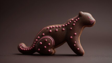 Glistening chocolate panther cookie adorned with pink icing details