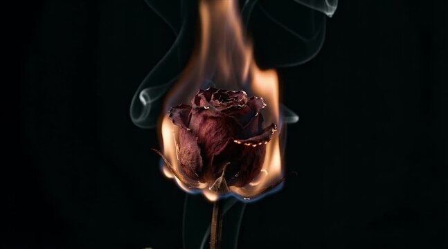 Burning Dry Red Rose Flower Engulfed In Flames And Smoke On Black Background