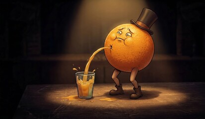 Surreal humorous scene of an orange with tiny legs under a spotlight, pouring juice into a glass on a dark surface.