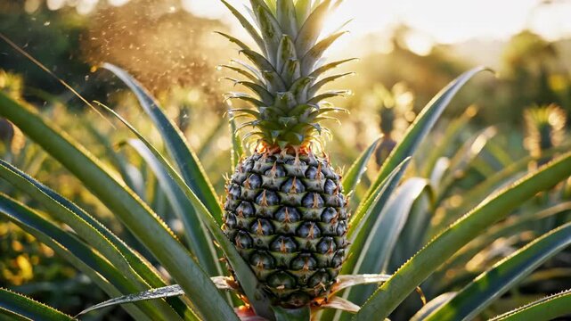 A pineapple growing on a plant in a field backlit by bright sunlight