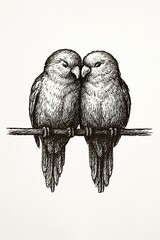 Love birds sketch vintage ink drawing of two birds sitting close together on branch calm romantic nature illustration hand drawn art