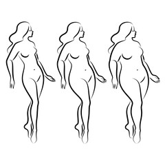 Collection. Silhouette of a beautiful woman figure. The lady is standing. The girl is thin, slender, and the woman is fat. Set of vector illustrations