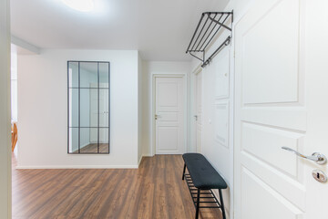 Home Entrance Hall. Interior. Wooden White Door, Brown Flooring. Minimalism. LED Light. 